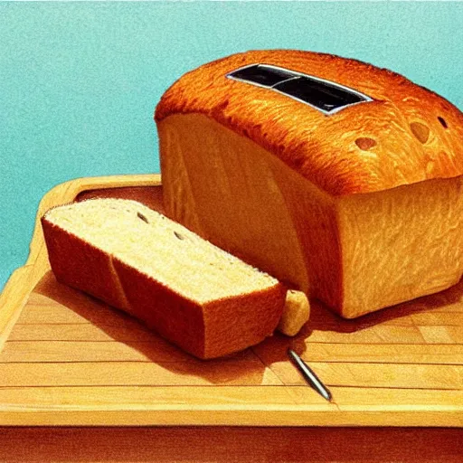 Image similar to an entire loaf of bread popping out of a toaster, concept art, highly detailed, high quality, bright colors,