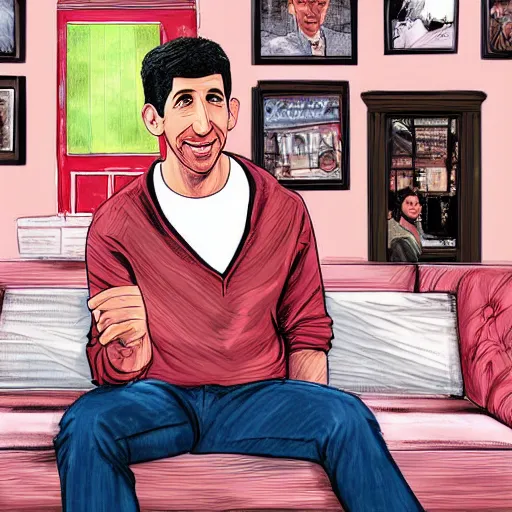 Image similar to digital artwork of ross geller sitting in central perk, in the style of artgerm, detailed face, expressive face,