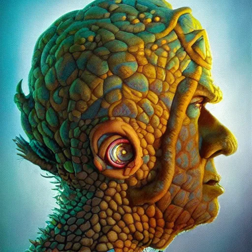 Prompt: fungus labyrinth mohawk scales projector portrait by gaston bussierre and charles vess and james jean and erik jones and rhads, inspired by rick and morty, epic, funny, huge scale, beautiful fine face features, intricate high details, sharp, ultradetailed