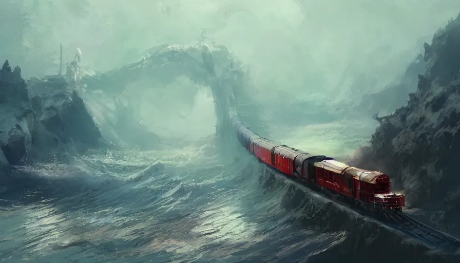 Prompt: craig mullins and ghibli digital illustration of a long dragon - style train in deep ocean unreal engine, hyper realism, realistic shading, cinematic composition, realistic render, octane render, detailed textures, photorealistic, wide shot