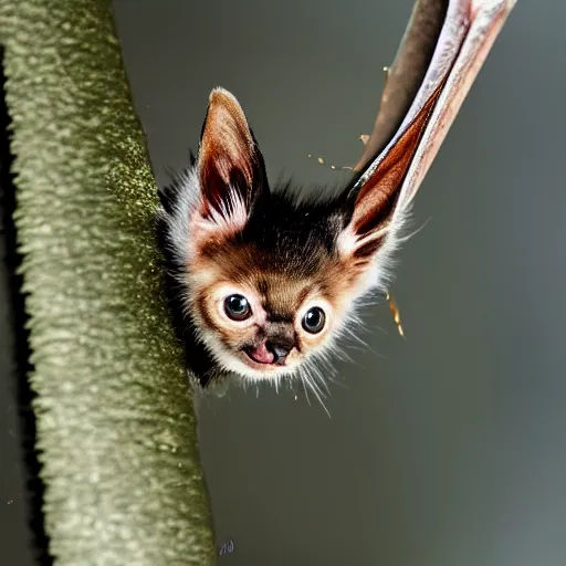 Image similar to a bat kitten, in a tree, wings out, Nikon, telephhoto 200mm