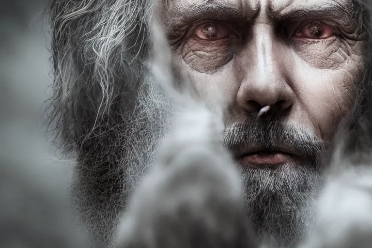 Image similar to an ultra realistic cinematic close up headshot portrait of an evil wizard, background of a vast serene landscape with trees and rivers, detailed, deep focus, movie still, dramatic lighting, ray tracing, by michal karcz and yoshitaka amano