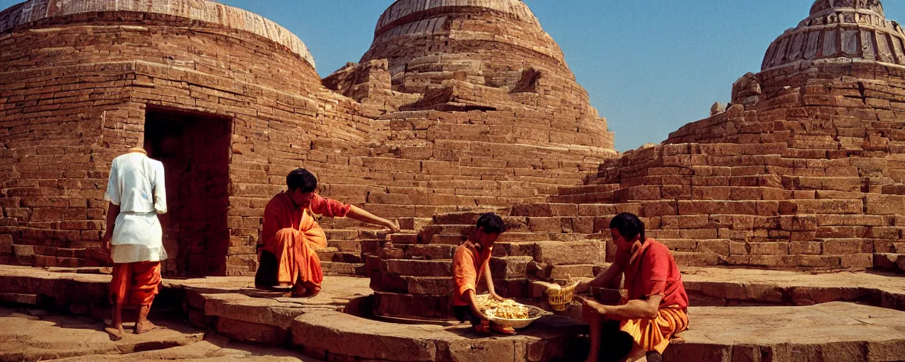 Prompt: offering spaghetti at sanchi stupa, ancient india, canon 5 0 mm, shallow depth of field, kodachrome film, in the style of galen rowell, retro