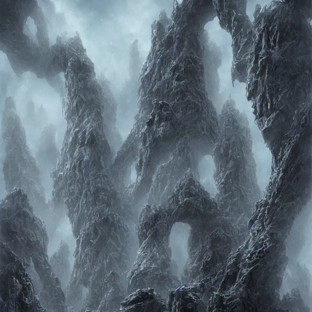 Image similar to a great monolithic lovecraftian alien city of insane towers and gravity defying megastructures in the mountains of antarctica, upward cinematic angle, by rodney matthews, michael kaluta, greg rutkowski and bill sienkiewicz, evil atmosphere, heavy winter aesthetics, stunning composition, tentacle faces, monstrous animal statues, intricate, strange, elegant, digital art, hyperdetailed, colorful hyperrealism, brilliant photorealism, horror, masterpiece, 4k