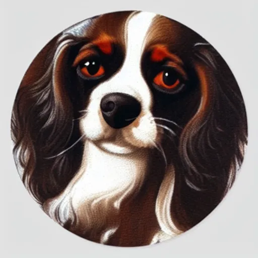 Prompt: black cavalier king charles spaniel in the style of mucha