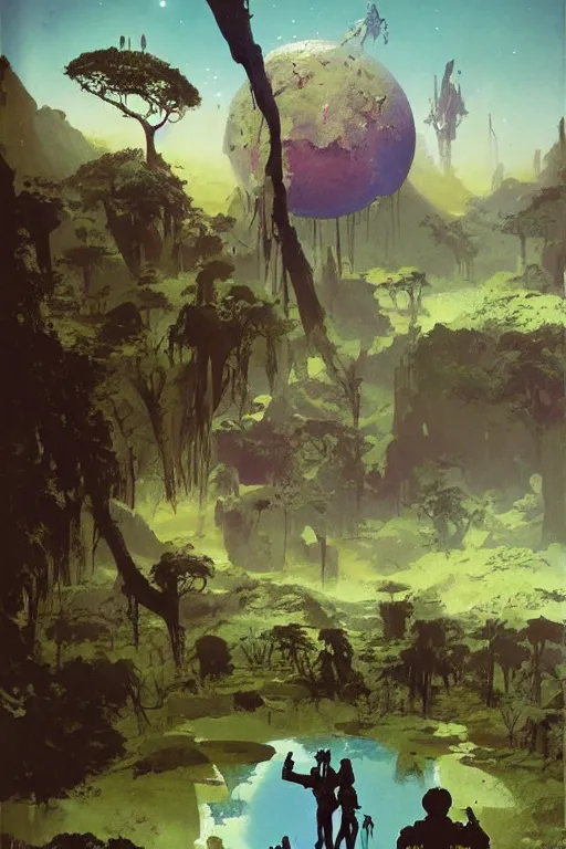 Image similar to 5 0 s pulp scifi illustration, space explorers in beautiful landscape, plain stretching into distance, pond, baobab trees, distant mountains, nebula, painted by bergey, craig mullins, john berkey, ruan jia, rodney matthews, jeremy mann, beksinski, jack kirby, tom lovell, alex malveda