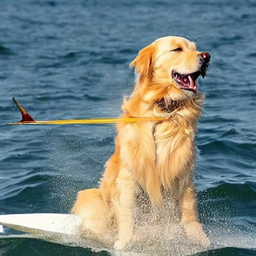 Image similar to golden retriever riding on a shark shooting lasers out of its eyes