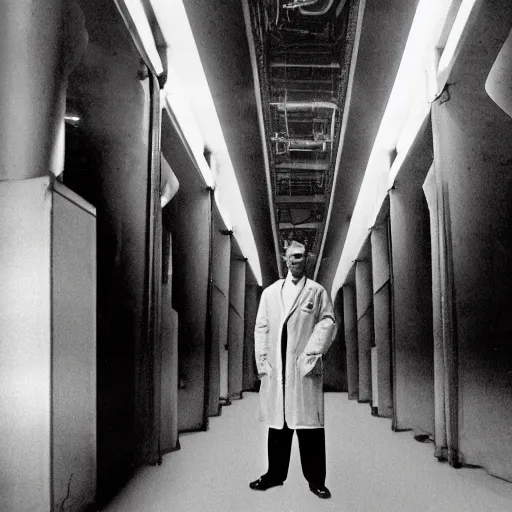 Image similar to a 1 9 5 0 s male scientist wearing a lab coat standing lost in the backrooms, mono - yellow old moist carpet room, empty liminal space, very dark shadows, broken fluorescent lighting, horror movie scene, film grain