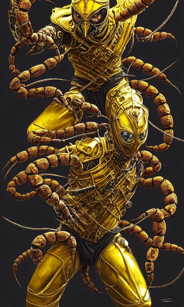 Prompt: hyper realistic full body portrait of an mystic ancient damned scorpion, from mortal kombat, yellow ninja exosuit, dynamic chain movement around him, by lee bermejo, alphonse mucha and greg rutkowski