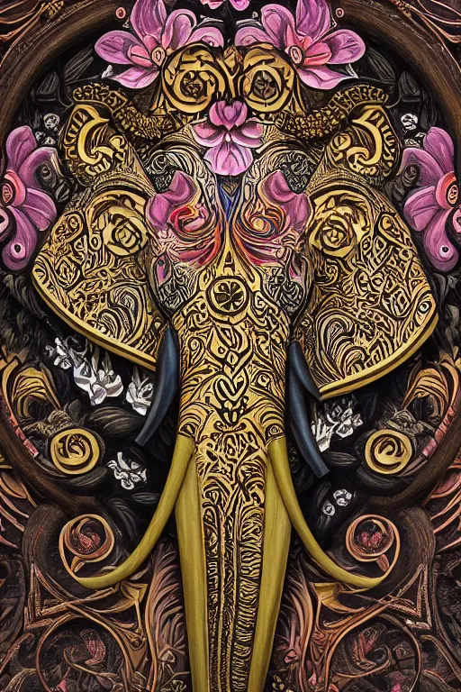 Image similar to Painted dark-wood panel relief carving of a close up of a Flowerpunk Matriarch Elephant, ornate border frame, explosion of colorful flowers, dark wood, intricately carved, black ink, festival of rich colors, intricate details, cinematic lighting, volumetric lighting, post-processing, art nouveau, tarot, fractal art, mandala, by andreas rocha and john howe, and Martin Johnson Heade, featured on artstation, featured on behance, golden ratio, hyper detailed, photorealistic, epic composition, center spotlight, f32, well composed, symmetrical, UE5, 8k