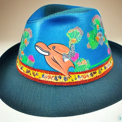 Image similar to dolphin design on a fedora in the style of mexican folk art