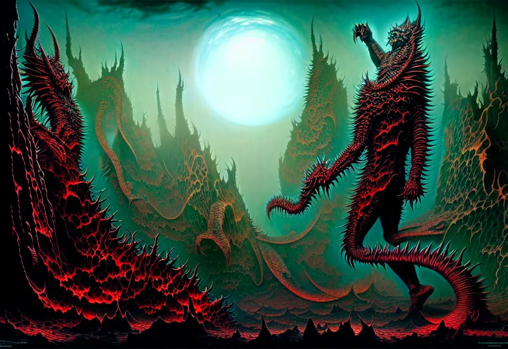 Image similar to demonic kaiju in the style of Michael Whelan and Gustave Dore. Hyperdetailed photorealism, 108 megapixels, amazing depth, glowing rich colors, powerful imagery, psychedelic Overtones, 3D finalrender, 3d shading, cinematic lighting, A highly detailed crisp wide view of A beautiful futuristic cyberpunk abandoned dystopia city building with futuristic bright lights, plants allover , godray, sunlight breaking through clouds, clouds, debris on the ground, abandoned machines bright happy colors, chaotic , nitid horizon, factory by wangchen-cg, 王琛,Neil blevins, artstation, Gediminas Pranckevicius, digital paintig of a mayan city with thousands of small and interesting buildings, crowded and populated, with a huge mayan pyramid in a landscape with waterfalls, compositing, cinematography, matte painting, epic composition, cinematic lighting, masterpiece, trending on artstation, very very detailed, stunning, inspired by Pre-Raphaelites infrared jungle, covered with roots, wires, tubes, standing in a desolate empty wasteland, creepy, nightmare, dream-like heavy atmosphere, surreal abandoned buildings, baroque painting, beautiful detailed intricate insanely detailed octane render trending on Artstation, 8K artistic photography, photorealistic, chiaroscuro, Raphael, Caravaggio