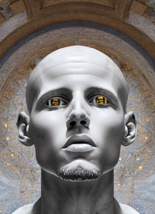 Prompt: a statue made of white marble with gold veins, of steph curry playing a modular synthesizer, transhumanism, full body shot, perfect symmetrical body, perfect symmetrical face, hyper realistic, hyper detailed, by johannen voss, by peter kemp, by monia merlo, by michelangelo, octane render, blender, 8 k