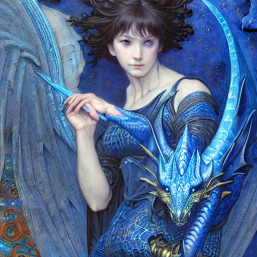 Image similar to closeup of a medieval fantasy blue dragon with electrcity magic, fantasy, d & d, high details, art by ( ( ( kuvshinov ilya ) ) ) and wayne barlowe and gustav klimt and artgerm and wlop and william - adolphe bouguereau