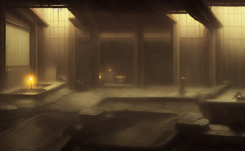 Image similar to painting of an interior Japanese bathhouse with candles by Greg Rutkowski and Craig Mullins, Dark atmospheric sad and cinematic lighting, Trending on artstation