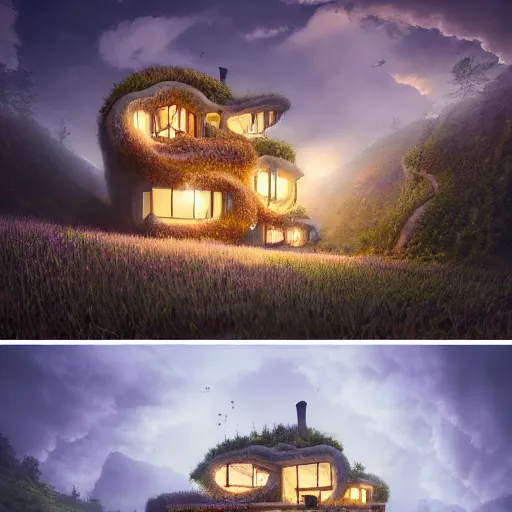 Prompt: ! dream small hillside house made of honey and milk, modern lighting, hyper - realistic, hyper - detailed, 8 k, octane rendered, art nouveau, organic, flowing, impossible torsion, writhing, dusk, lush, dynamic, in the style of ross tran