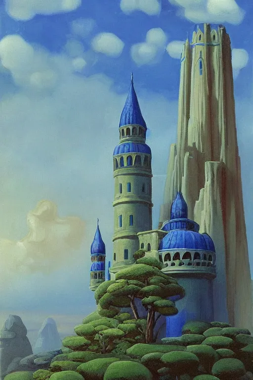 Prompt: view of the mysterious blue tower in its gardens after a storm, tall windows, beautiful moorish ornament, dramatic cinematic lighting, rich colors, by April Gornik and Nicholas Roerich and Sylvain Sarrailh and Ludwig Deutsch