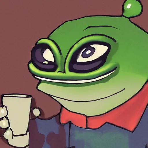 Image similar to pepe the frog offering coffee - composition : dynamic lighting, depth details, intricate, asymmetric, proportion, highly quality, balance, unity, extremely highly detailed. by bambang nurdianshyah ( face details and background ) garis edelweiss ( lighting ) roby dwi antono ( character and big details ) kira ayn varszegi ( small details )