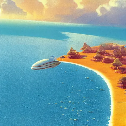 Image similar to beautiful matte painting of golden shores of a blue dreamy ocean, heavenly island in the clouds floating above the ocean, spaceship flying by, sci - fi, daylight, blue sky, cinematic lighting, cinematic perspective, syd mead, john harris, federico pelat