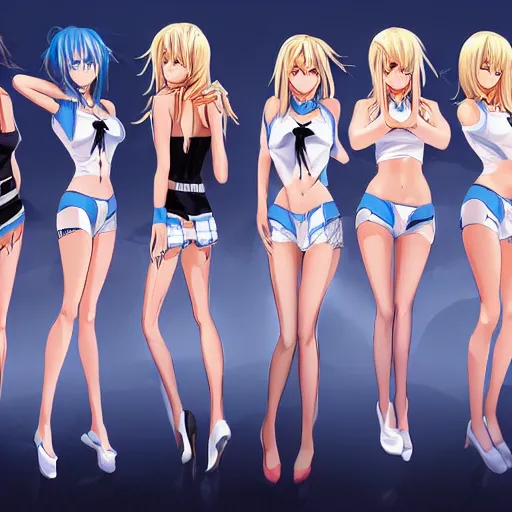Image similar to group picture : a very tall beautiful young blond basketball anime girl with her tiny team, sky blue eyes, bikini, white miniskirt, highly detailed, cinematic wallpaper by stanley artgerm lau