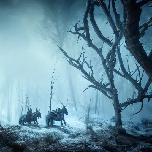 Prompt: the wild hunt, spectres of the night, otherworldly wraiths, bad omens, riding, blizzard chaotic storm, enchanted forest, fog, snow, ice, dreamy, witcher 3, cinematic, breathtaking, vfx, physically based rendering, unreal 5, cgi, concept art, trending in artstation, intricate details, dark fantasy