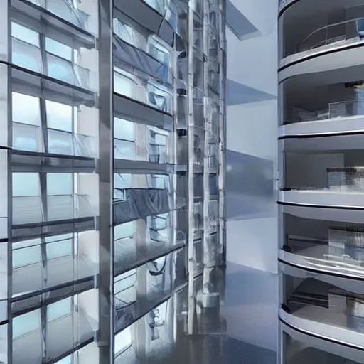 Image similar to interior of futuristic sci-fi mega-apartment building