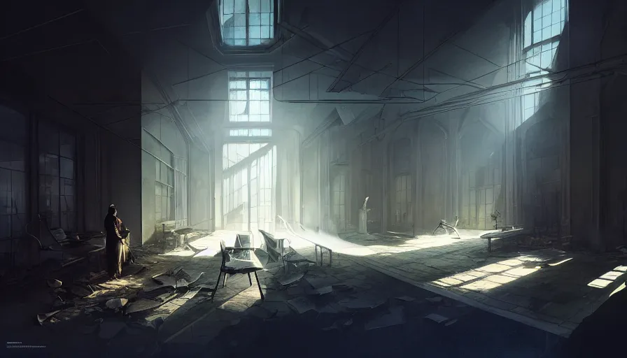 Prompt: high tech nomands exploring abandoned laboratory, light, shadows, reflections, steam, epic composition, intricate, elegant, volumetric lighting, digital painting, highly detailed, artstation, sharp focus, illustration, concept art, ruan jia, steve mccurry