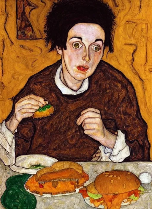 Image similar to young man eating a hamburger in the center of a dark medieval dinning room, surrounded by starving people in front of a giant painting, extremely realistic and highly detailed painting by egon schiele, soft light, gold ratio