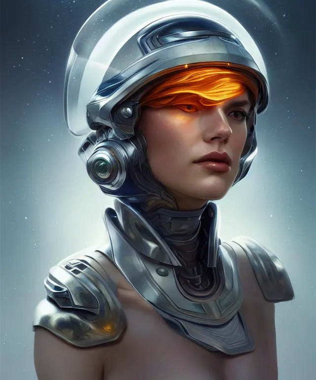 Image similar to futuristic woman in helmet portrait, sci-fi, amber eyes, face, long hair, fantasy, intricate, elegant, highly detailed, digital painting, artstation, concept art, smooth, sharp focus, illustration, art by artgerm and greg rutkowski and alphonse mucha