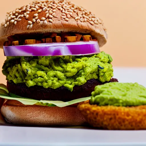 Image similar to juicy vegan hamburger topped with guacamole and fried onion and a vegan fried egg, crispy buns, 8 k resolution, professional food photography, studio lighting, sharp focus, hyper - detailed