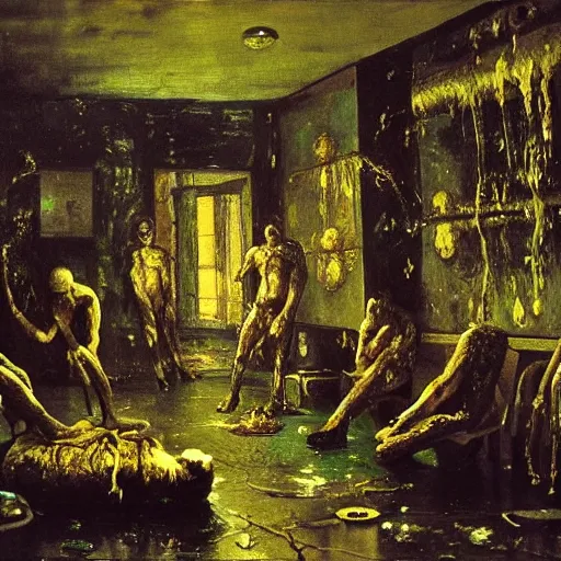 Image similar to realistic Courbet painting of a dark sci-fi laboratory at night, dark green ambient, zombiewalking dressed in rags made of guts and veins dripping golden shiny metalic fluid from ribcage to the floor. liquid shiny pool of gold on the floor.