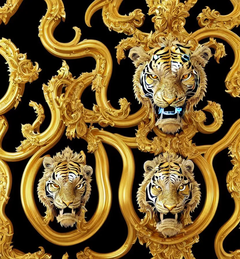 Prompt: beautiful portrait of a large ornate and intricate rococo carved marble and gold tiger face, 3 d, photorealistic, symmetric, front facing, centered, hyper detailed, gold plated on black background, wallpaper, detailed and intricate emblem, baroque medallion,