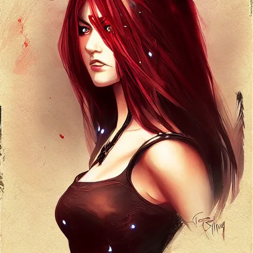 Image similar to princess of darkness, style of artgerm comic, piercing eyes, long glowing red hair, waterhouse, character art, matte