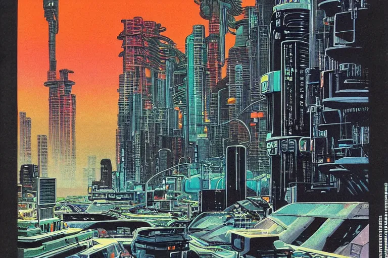 Image similar to 1979 OMNI Magazine Cover of a sewer system outlet neo-Tokyo. Cyberpunk Akira style by Vincent Di Fate