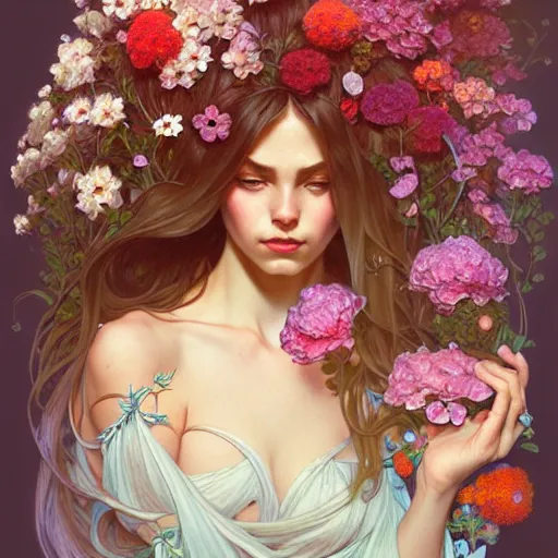 Image similar to Portrait of a girl surrounded by flowers, face, fantasy, intricate, elegant, highly detailed, digital painting, artstation, concept art, smooth, sharp focus, illustration, art by Fernanda Suarez and Artem Demura and alphonse mucha