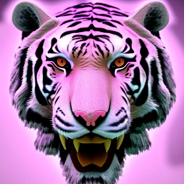 Prompt: 4 k magical realism render of a gigantic tiger head made of crystaline rose quartz, symetrical features.