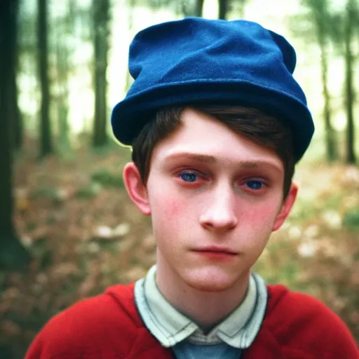 Image similar to super close up portrait of wirt from over the garden wall. a 1 6 years old gloomy awkward boy with big brown eyes and shaggy brown hair wearing a red dunce hat and a blue navy cape, standing in the forest, kodachrome photograph, 1 9 9 5, 4 k, canon, flash photography, norman rockwell, bouguereau