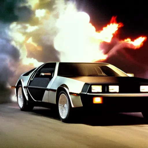 Image similar to knightrider chasing the back to the future delorean, cinematic