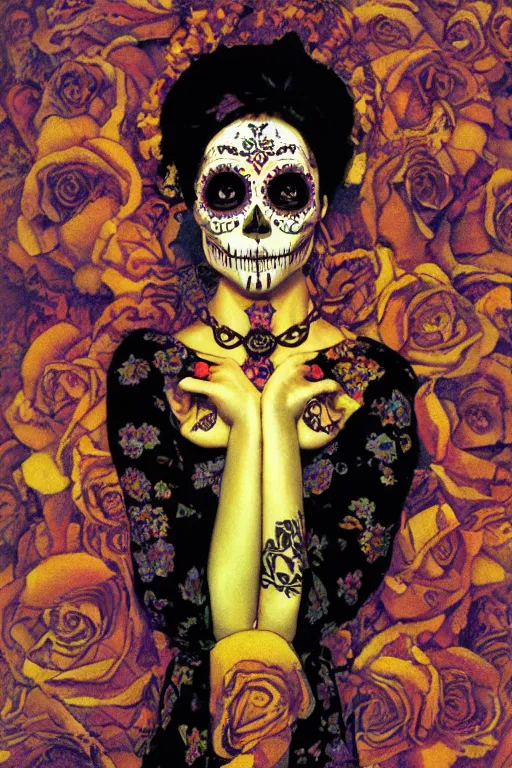 Image similar to illustration of a sugar skull day of the dead girl, art by maxfield parrish