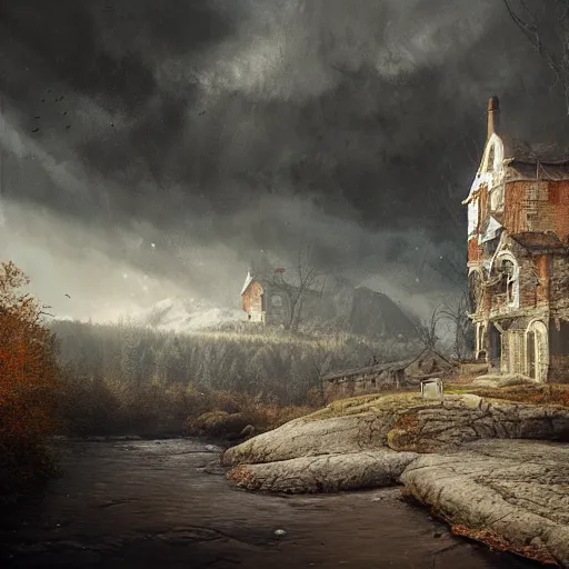 Prompt: michal karcz grunge painting of a beautiful landscape. , creepy theme, detailed, elegant, intricate, 4k,