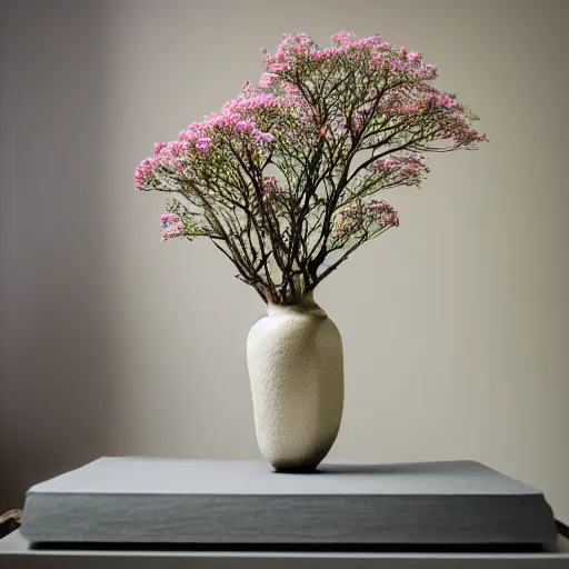 Image similar to a photo of 8k Ikebana in flower vase, sougetsu, wide angle, full body, sony a7r3, ultra detail, photorealistic, in simple background