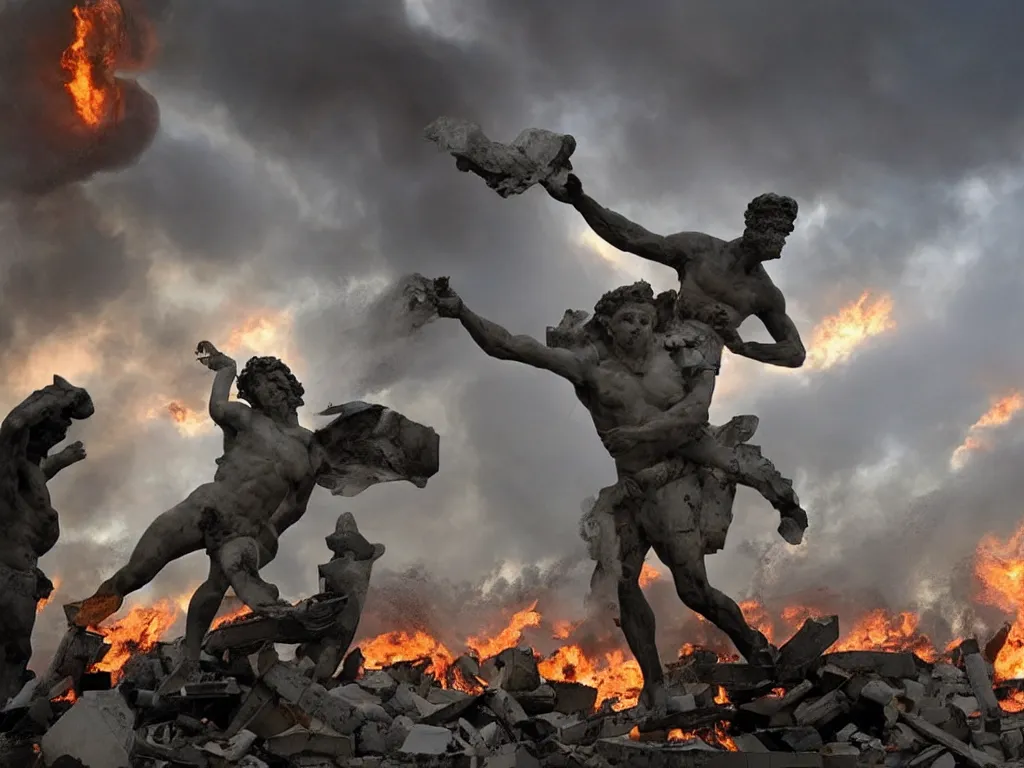 Image similar to giant greek statues attacking a city, ciry destruction ruins, debris flying around, swirls of fire