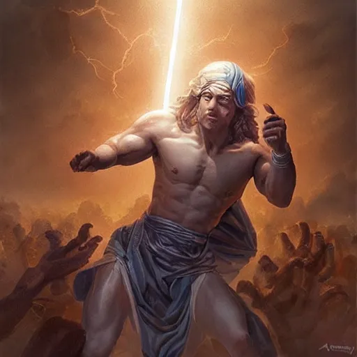 Prompt: benjamin netanyahu as the greek god of lightning, shooting lightning from hands, highly detailed, ultra clear, by artgerm and greg rutkowski