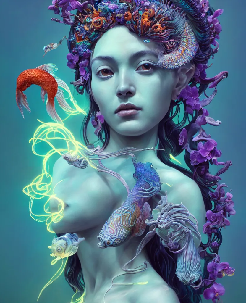 Image similar to goddess full color painted acryllic sculpture close-up portrait. orchid bird phoenix head, nautilus, skull, betta fish, bioluminiscent creatures, intricate artwork by Tooth Wu and wlop and beeple. octane render, trending on artstation, greg rutkowski very coherent symmetrical artwork. cinematic, hyper realism, high detail, octane render, 8k