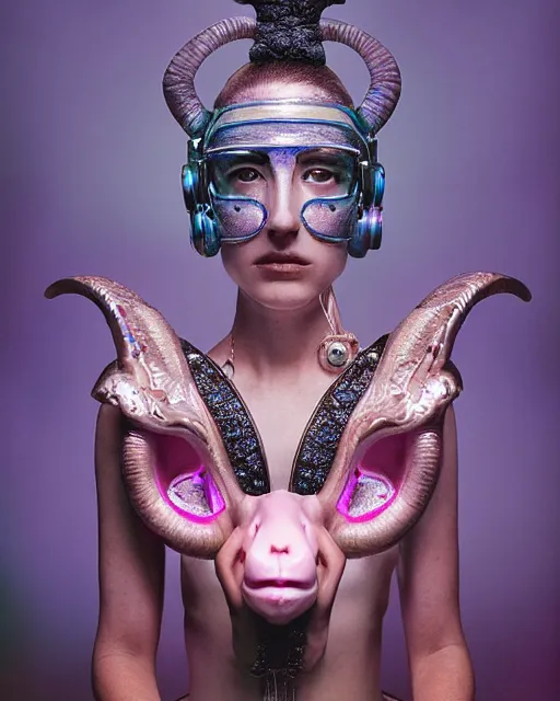 Image similar to natural light, soft focus portrait of a cyberpunk anthropomorphic goat with soft synthetic pink skin, blue bioluminescent plastics, smooth shiny metal, elaborate ornate head piece, piercings, skin textures, by annie leibovitz, paul lehr