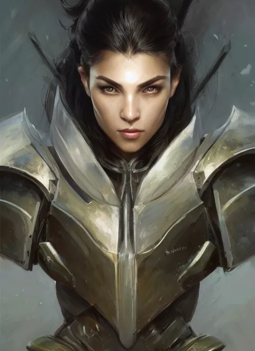 Image similar to a professional painting of a beautiful young female, clothed in battle armor, olive skin, long dark hair, beautiful bone structure, symmetrical facial features, intricate, elegant, digital painting, concept art, smooth, sharp focus, illustration, from StarCraft by Ruan Jia and Mandy Jurgens and Artgerm and William-Adolphe Bouguerea