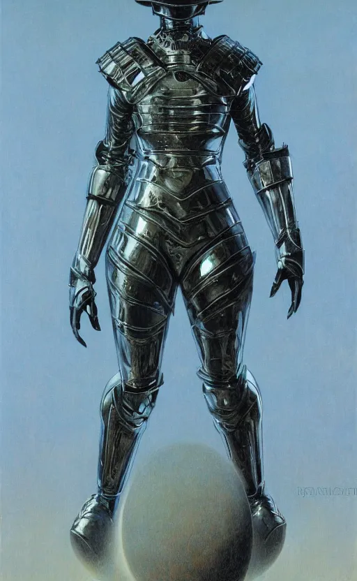 Prompt: full body portrait of beautiful gothic and futuristic fashion model, elegant smooth space armour, cyber armour, helmet, highly detailed, artstation, illustration, composition, 8 k quality, art by jean delville, rene magritte, hyperrealism oil painting