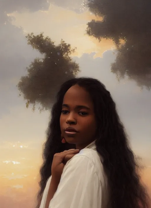 Image similar to oil painting close up portrait of a contemplative young black woman with long dark flowing hair in a white dress, covered in white roses!! at sunset, hazy, digital art, chiaroscuro, artstation, cinematic, golden hour, digital art painting by greg rutkowski, william - adolphe bouguereau, hazy atmosphere, cinematic lighting