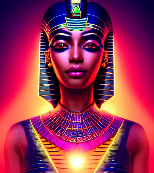 Image similar to symmetry!! egyptian queen of technology, solid cube of light, hard edges, product render retro - futuristic poster scifi, lasers and neon circuits, brown skin beautiful egyptian, queen, intricate, elegant, highly detailed, digital painting, artstation, concept art, smooth, sharp focus, illustration, dreamlike, art by artgerm