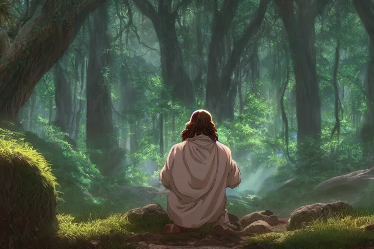 Prompt: a portrait of jesus praying, mossy, fantasy by dan mumford, yusuke murata and makoto shinkai, 8 k, cel shaded, unreal engine, featured on artstation, pixiv